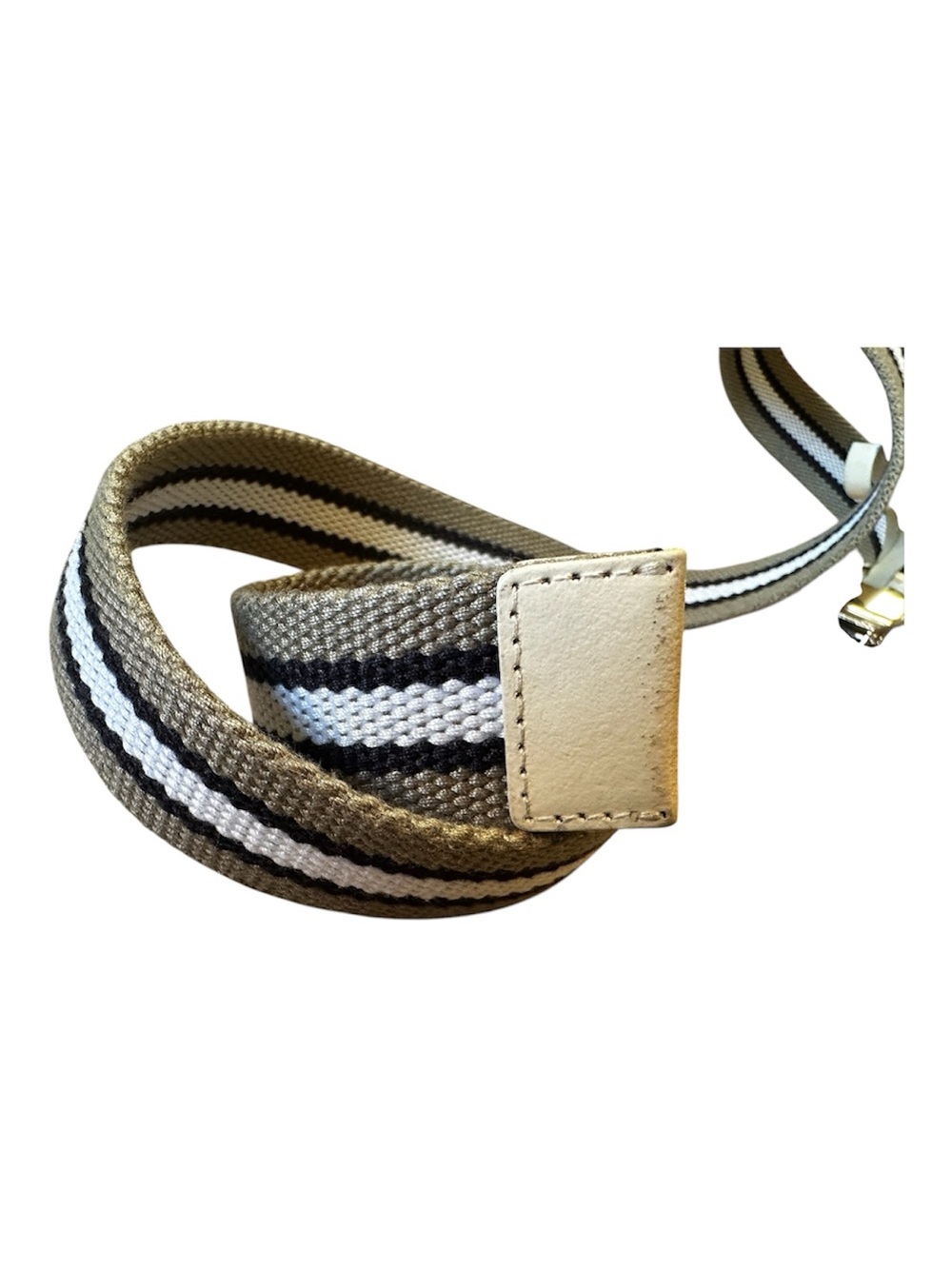 Armani Exchange Tan Canvas Belt with Black, White Stripe and Metal A|X Buckle - Picture 5 of 5